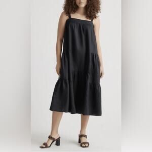 QUINCE Women Small 100% European Linen Trapeze Midi Dress NEW Black tiered flax